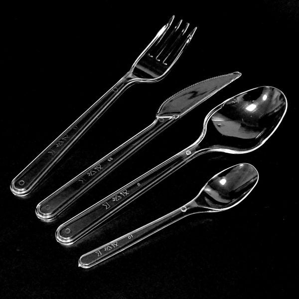 50 Stk Mehrweg-Besteck: Gabel Messer Löffel Kaffeelöffel PS Plastik - glasklar