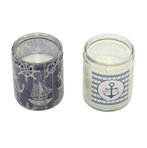 10 Stk Maritim Kerzenglas 82x68 mm Kerzen im Glas - weiß-blau