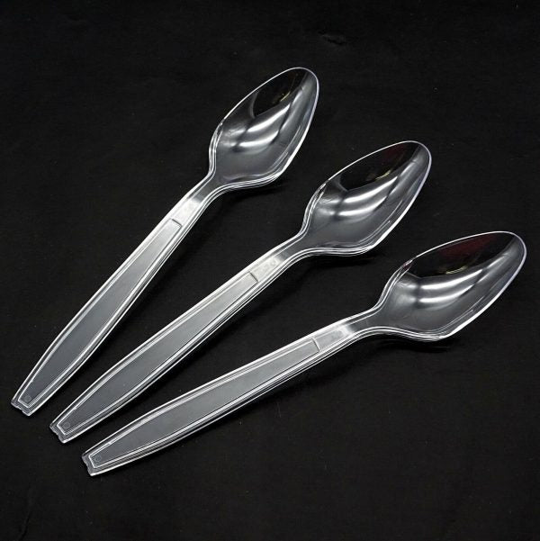 50 Stk Mehrweg-Besteck: Gabel Messer Löffel Kaffeelöffel PS Plastik - glasklar