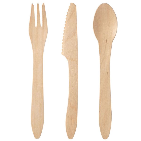 90 Bio Einweg Holzbesteck Set: Gabeln + Messer + Löffel 180mm (5x18er)