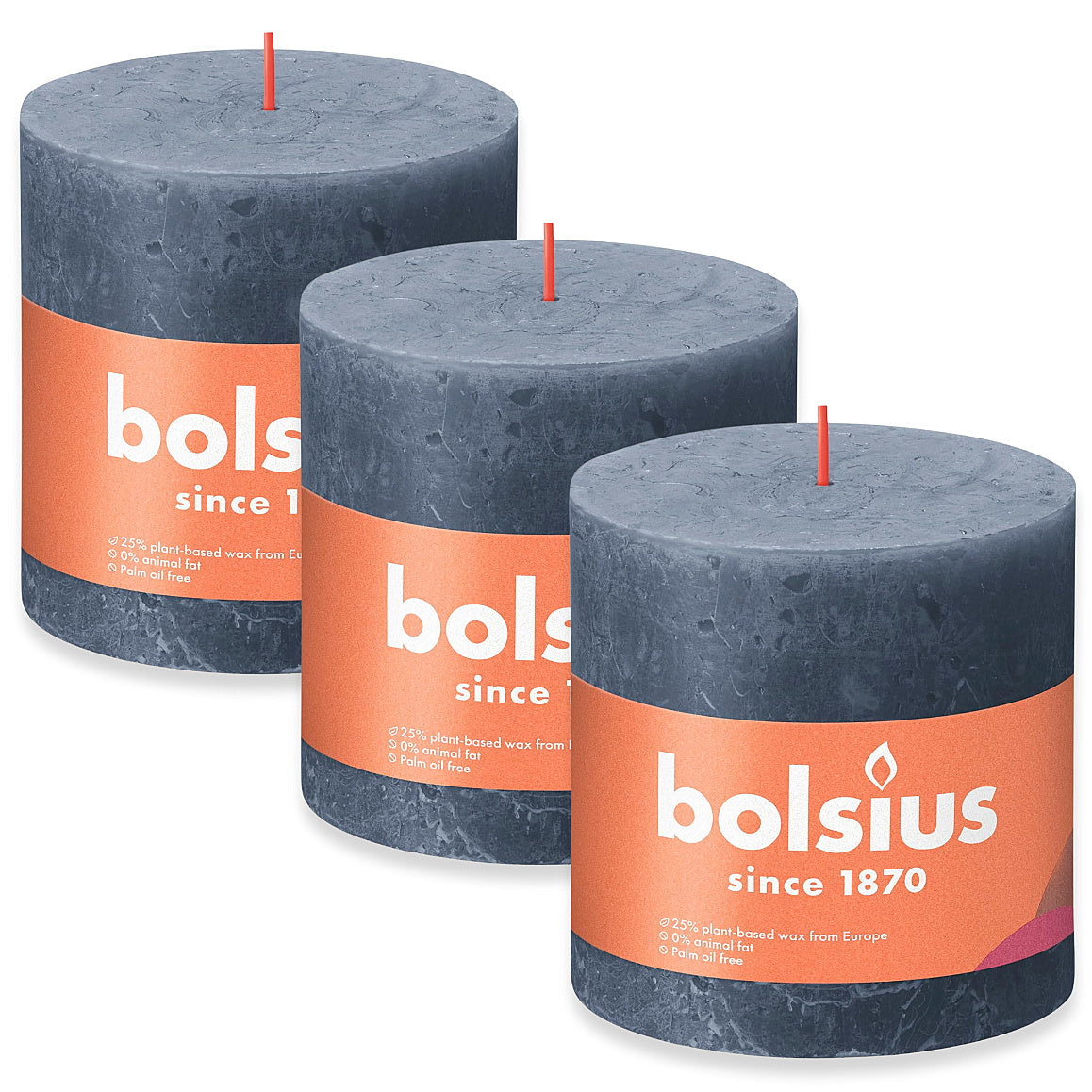 3er Set Bolsius Rustik Stumpenkerzen 100x100mm Hortensienblau
