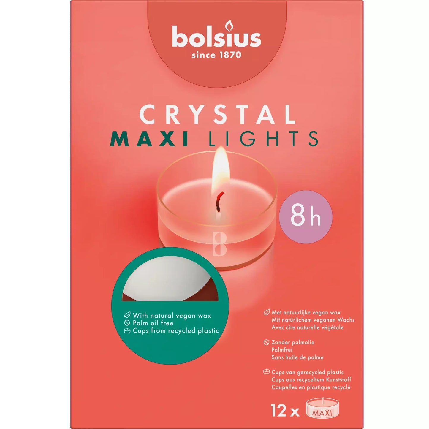 12 Bolsius Crystal Lights Maxi Teelicht 8 Stunden 57x25mm Teelichte Acryl Cup klar