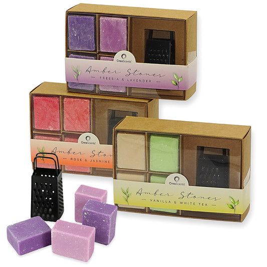 15-teilig CreaScents-Set: 3 Reiben + 12 Duftwürfel Amberblöcke Duftsteine Mix sortiert (3 Geschenkboxen)