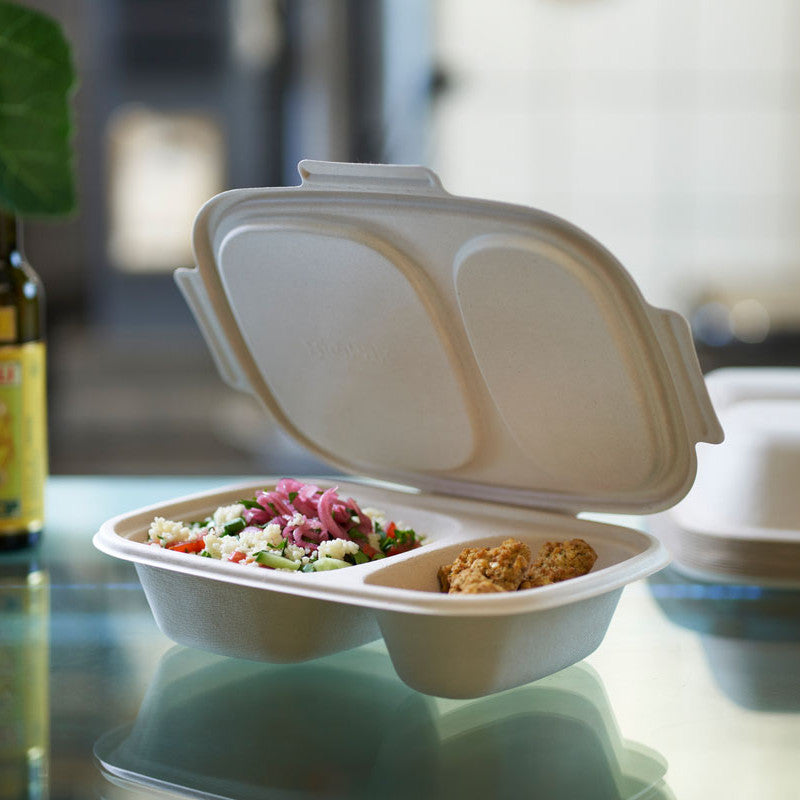 200 Stk Bio Bagasse Menüboxen mit Klappdeckel 900ml ungeteilt - Braun (4x50er)