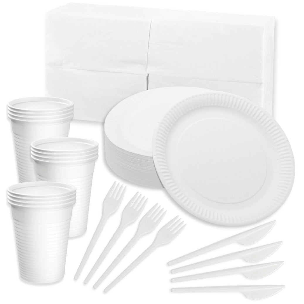 Party Set Einweg: 100 Pappteller + 100 Gabeln + 100 Messer + 100 Beche – WiTaP™