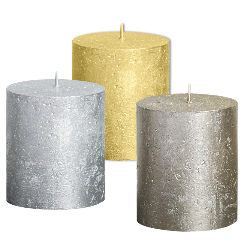16 Rustik Stumpenkerzen 80x68mm Blockkerzen Rustic Metallic (4x4er)