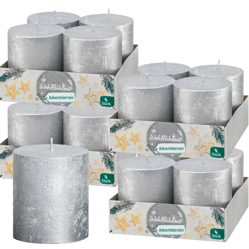 16 Rustik Stumpenkerzen 80x68mm Blockkerzen Rustic Metallic (4x4er)