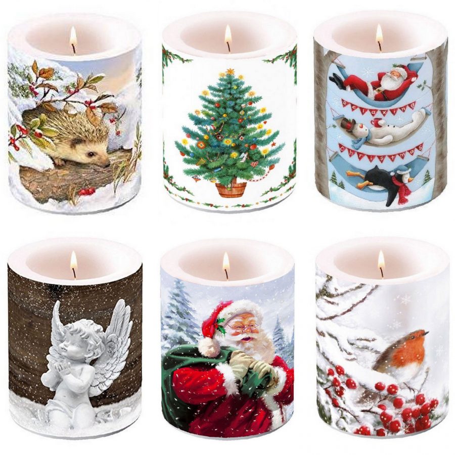 6 Große Lampionkerze 120x100mm Windlicht B-Ware - Weihnachten Mix