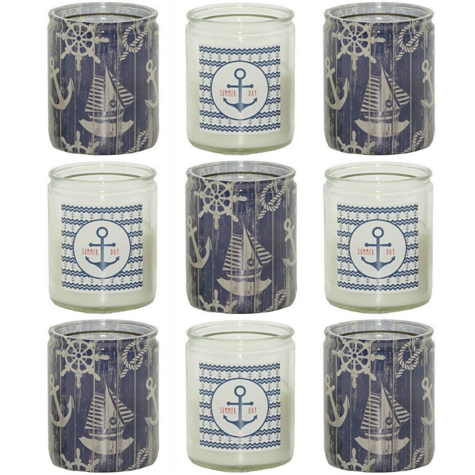 10 Stück Maritim Kerzenglas 82x68 mm Kerzen im Glas - weiß-blau