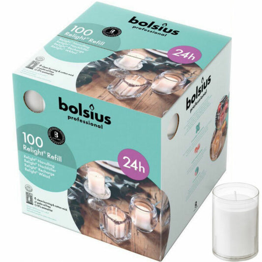 100er Box Bolsius Relight Refill Kerzen 64x52mm 24h Nachfüll-Lichter Acryl Cup