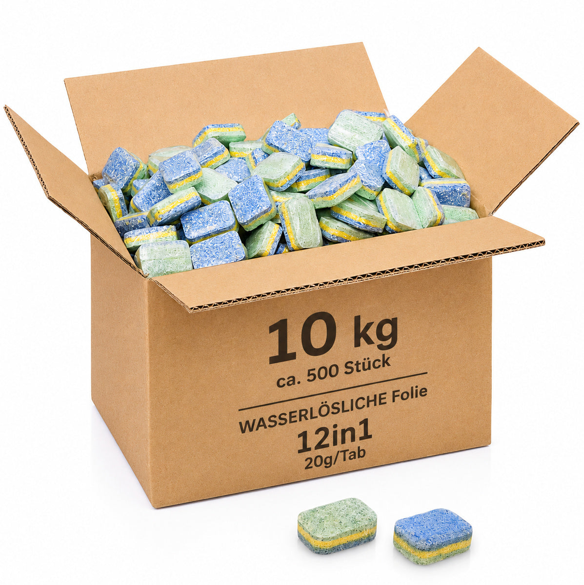 10 kg Spülmaschinentabs ca 500 Stück WASSERLÖSLICHE Folie 12in1 20g/Tab grün-gelb-blau