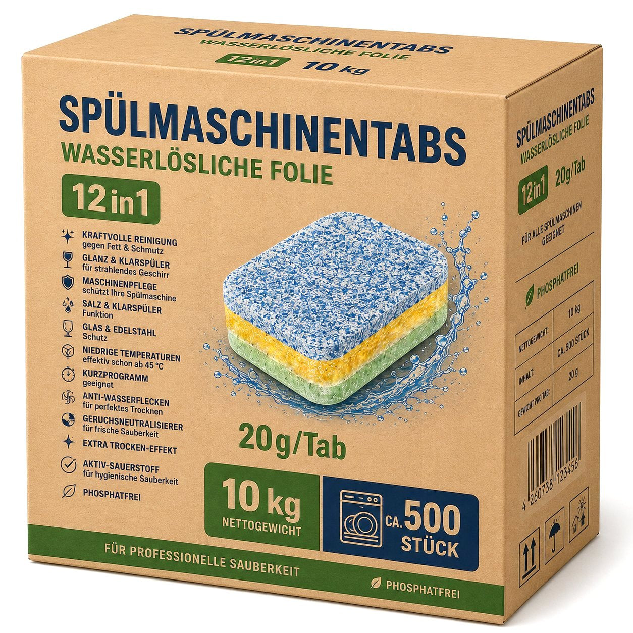 10 kg Spülmaschinentabs ca 500 Stück WASSERLÖSLICHE Folie 12in1 20g/Tab grün-gelb-blau