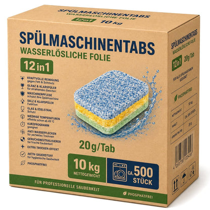10 kg Spülmaschinentabs ca 500 Stück WASSERLÖSLICHE Folie 12in1 20g/Tab grün-gelb-blau