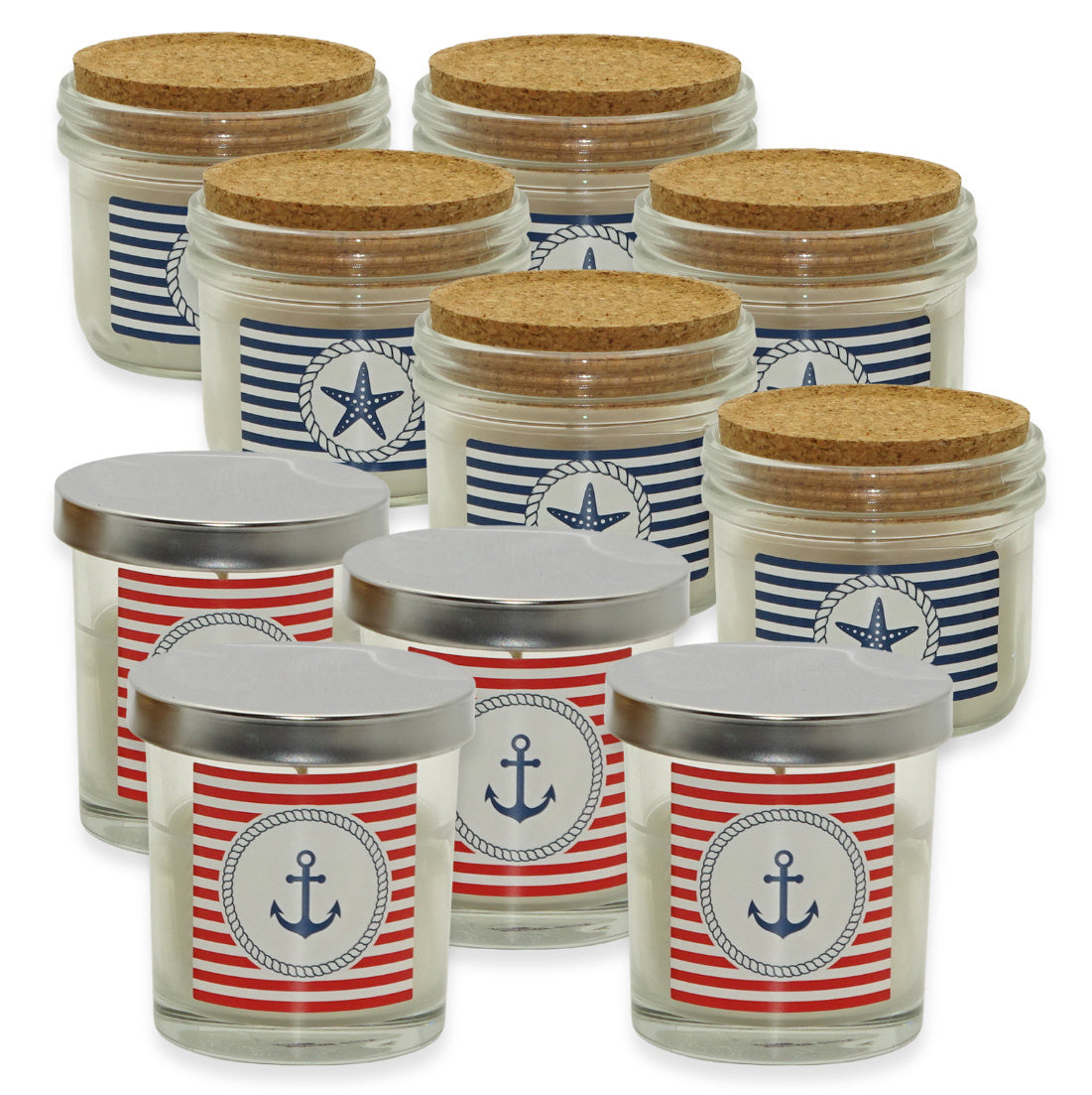 10er Set Maritim Kerzen im Glas mit Deckel Kerzengläser (6 Kork + 4 Silber)
