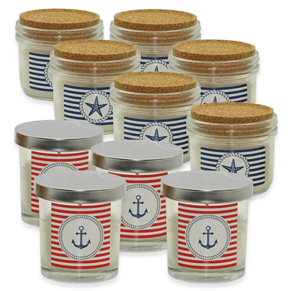 10er Set Maritim Kerzen im Glas mit Deckel Kerzengläser (6 Kork + 4 Silber)