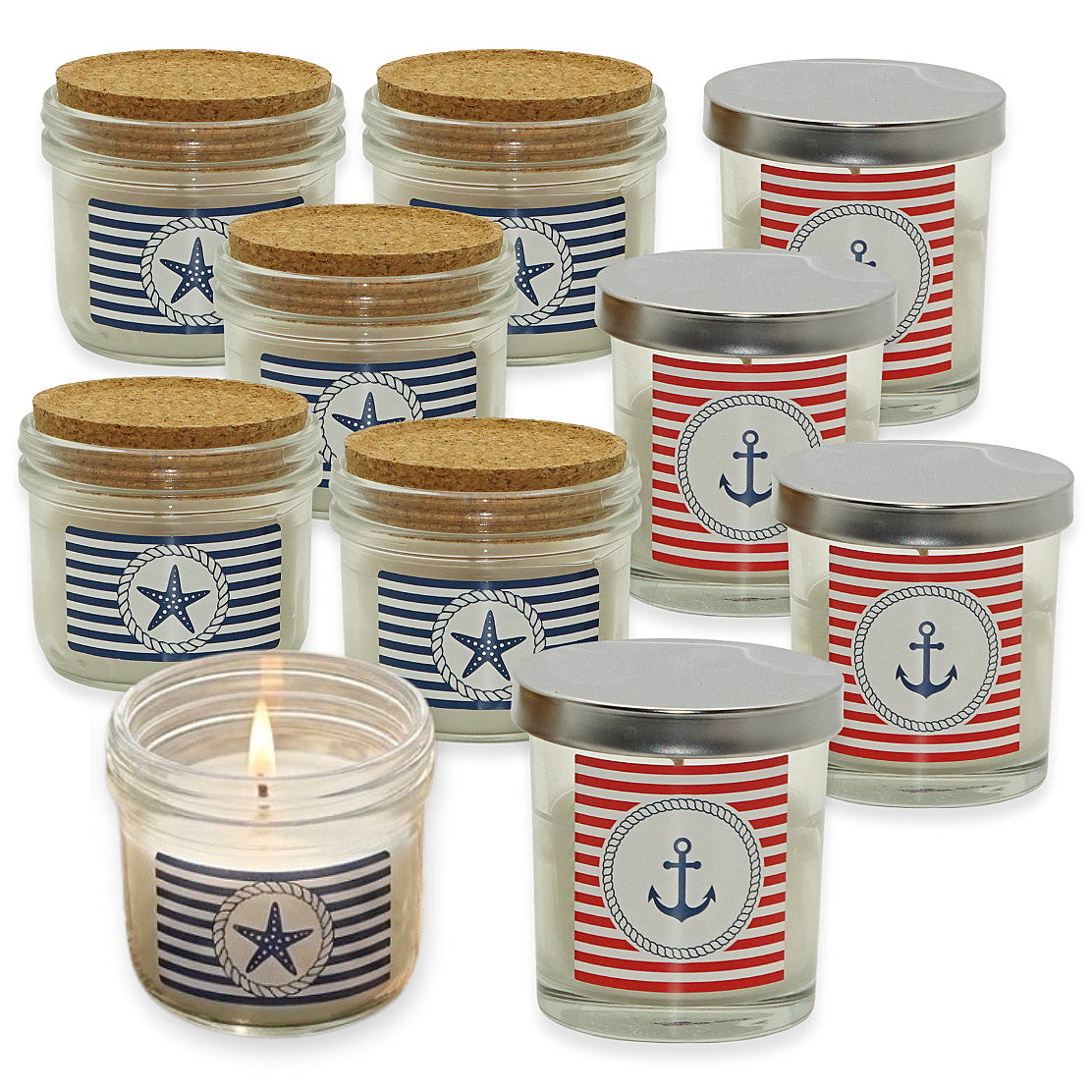 10er Set Maritim Kerzen im Glas mit Deckel Kerzengläser (6 Kork + 4 Silber)