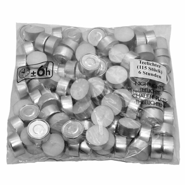 115 Stück Gastro Teelichter 6 Stunden Brenndauer 39x18mm Teelicht Weiß - Beutel