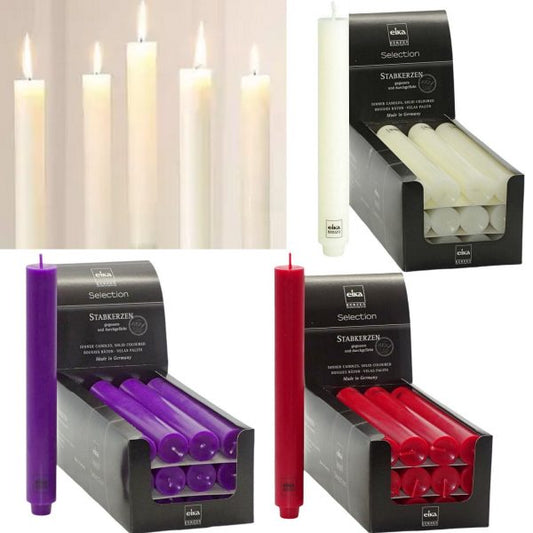 12 Eika Stabkerzen 250x30mm Tafelkerzen Leuchtkerzen durchgefärbt mit Zapfenfuß (12er Pack)