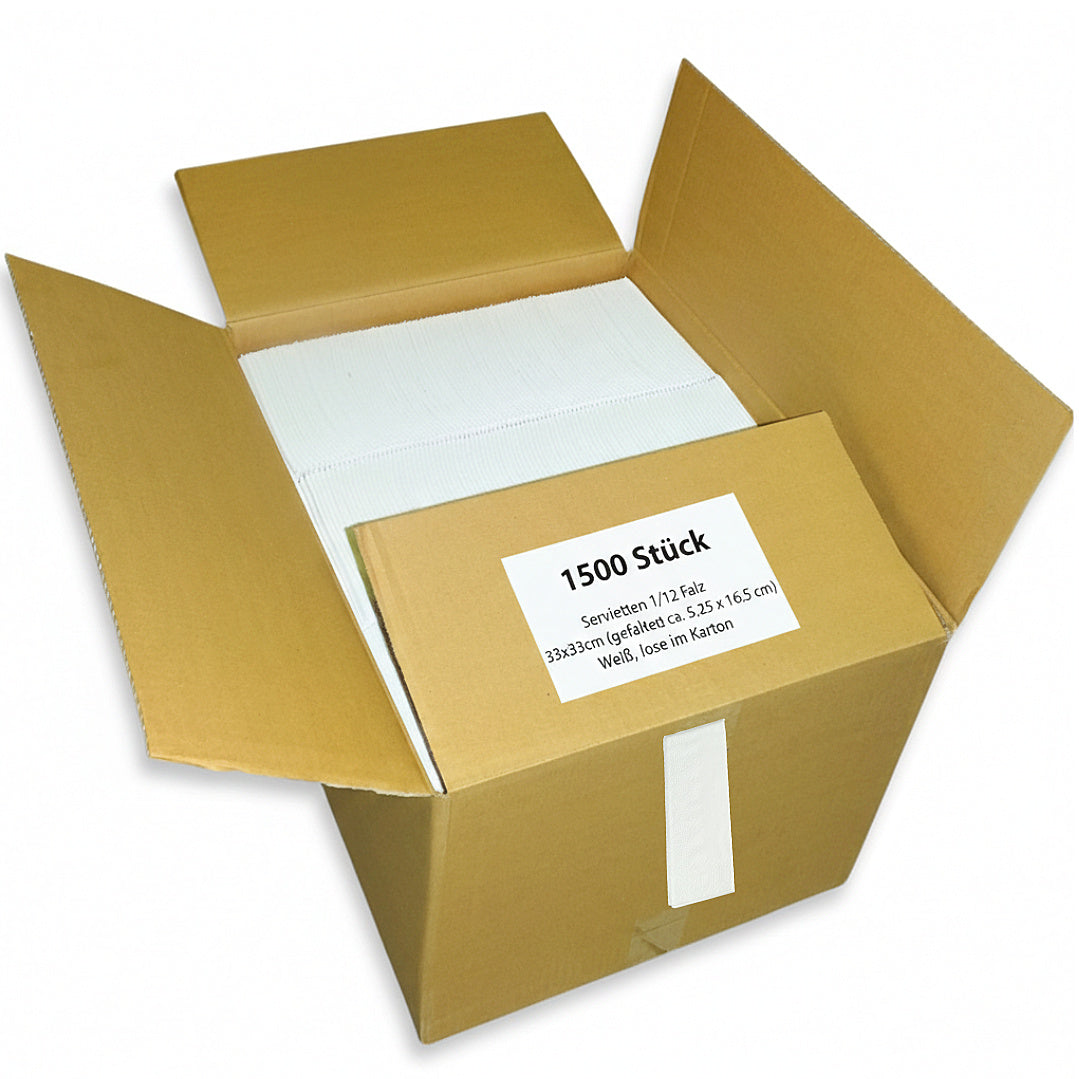 1.500 Stück Papierservietten – 1/12 Falz – 33x33cm Servietten Schmal lose im Karton - Weiß
