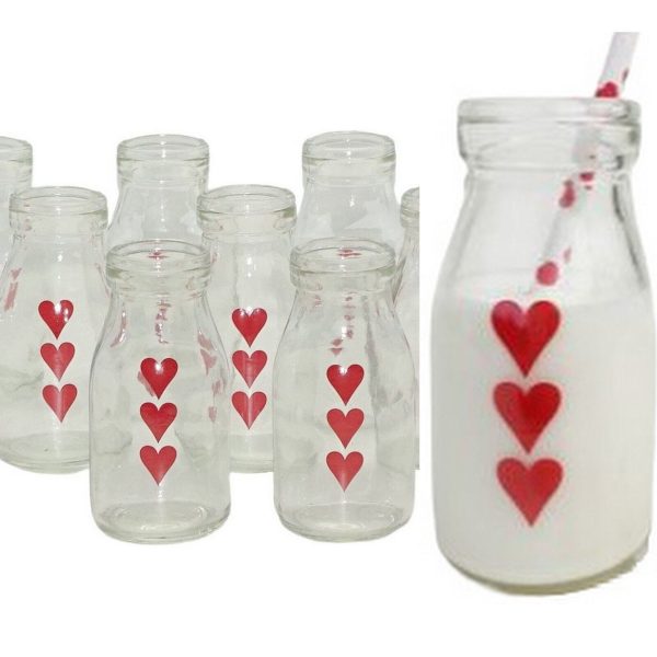 20 Stück Mini Party Gläser Milch-Flaschen 220ml Saftflasche Vase Trinkglas Herz