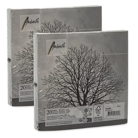 40 Stück Ambiente Servietten 33x33cm „Tree“ – Baum in Schwarz-Grau – (2x20er)