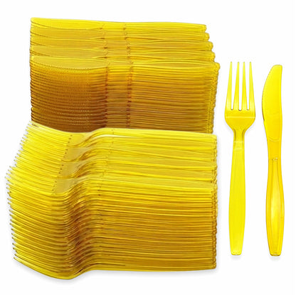 300-tlg. Mehrweg Besteck Set: 150 Gabel + 150 Messer Plastik wiederverwendbar - Gelb (15x20er)