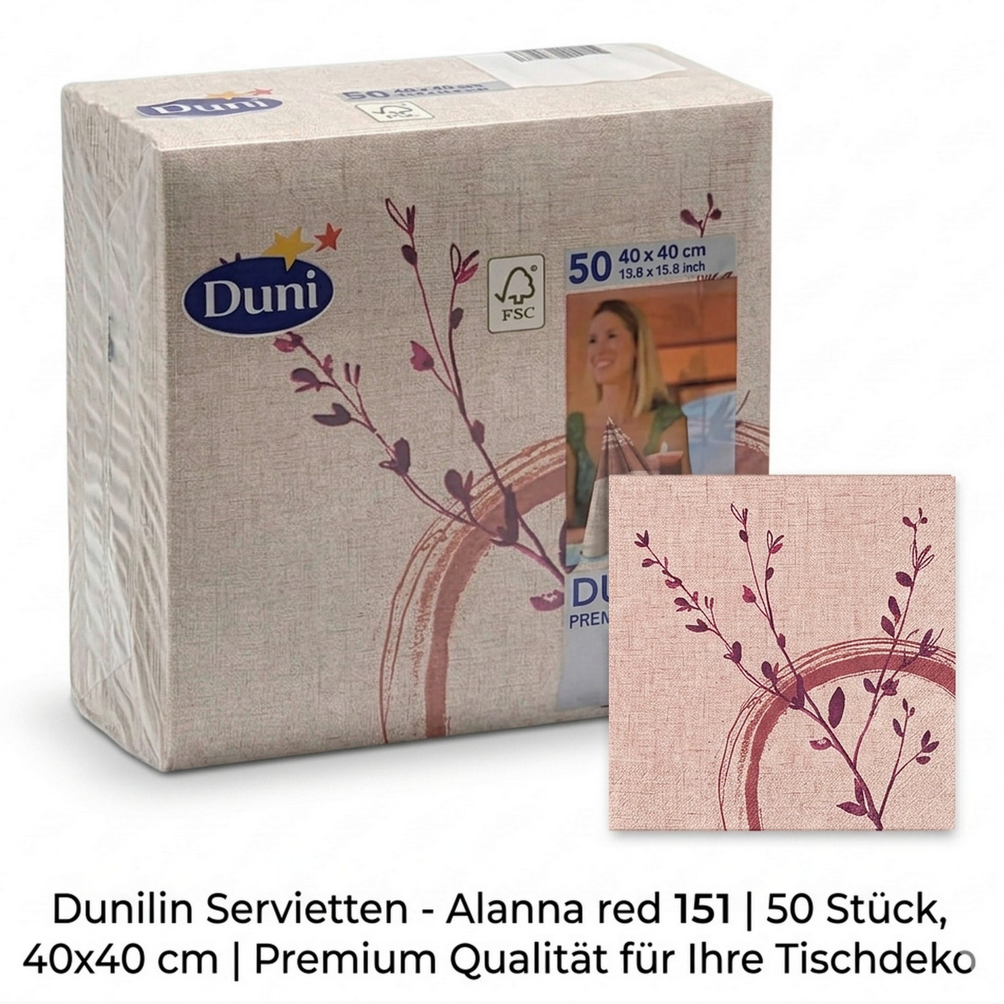 50 Stück Dunilin Servietten Dinner 40x40cm 1/4 Falz Stoffoptik - Alanna red