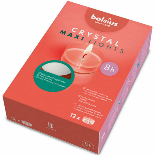 12 Bolsius Crystal Lights Maxi Teelicht 8 Stunden 57x25mm Teelichte Acryl Cup klar
