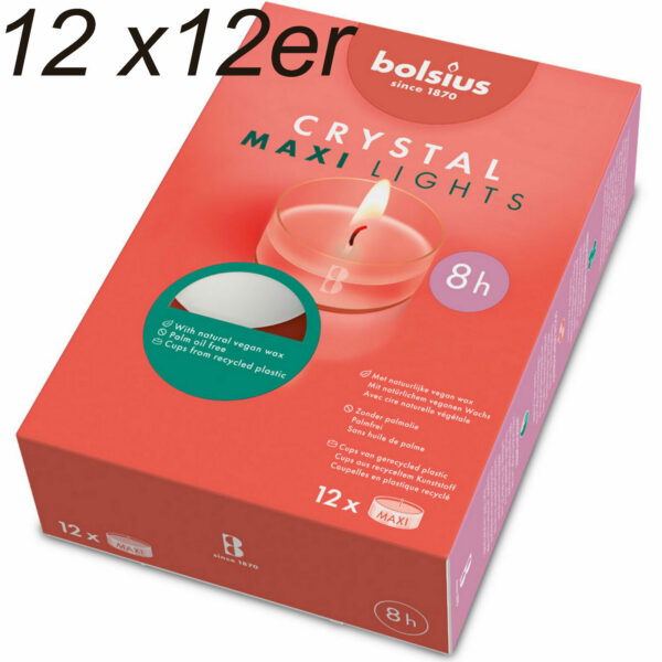 144 Bolsius Crystal Lights Maxi Teelicht 8 Stunden 57x25mm Acryl Cup klar (12x12er)