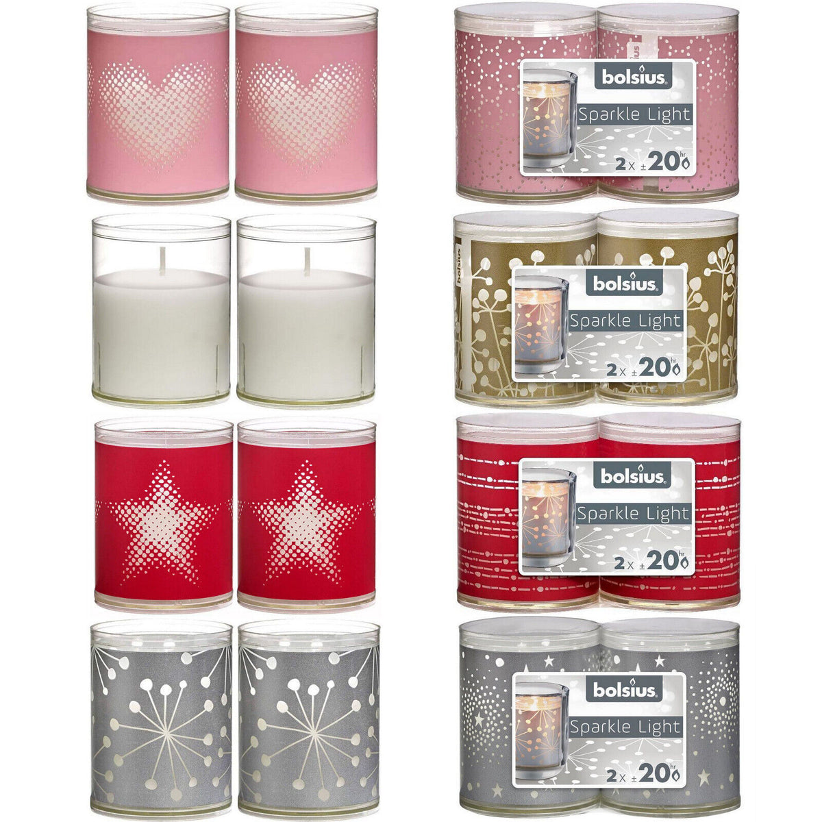 96-tlg. Bolsius Sparkle Light Nachfüller Kerzen 64x52mm Acryl 20h sortiert (48x2erPack)