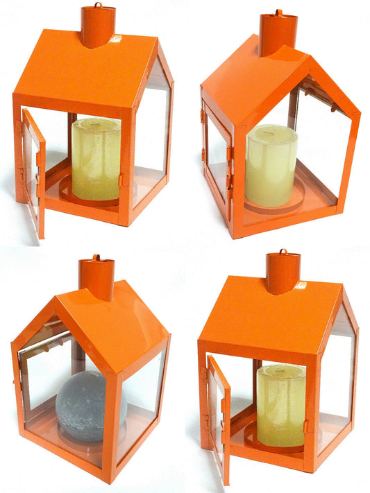 4 x Windlicht Laterne HAUS aus Metall 230 x 150 x 155 mm Kerzenhalter Orange - 4 Stück