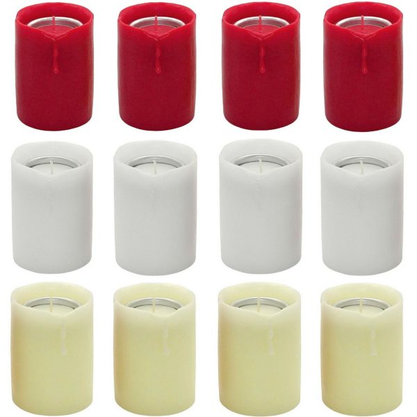 12 Stk Stumpenkerzen 90x70mm Echtwachs Teelichthalter Dauerkerzen - rot/weiß/creme