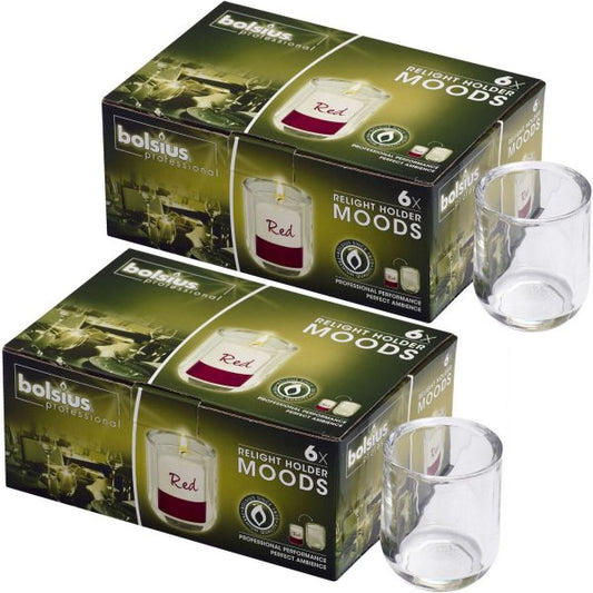 12 Bolsius Relight Kerzenhalter Moods 88x71mm Teelichthalter Glas klar (2x6er)