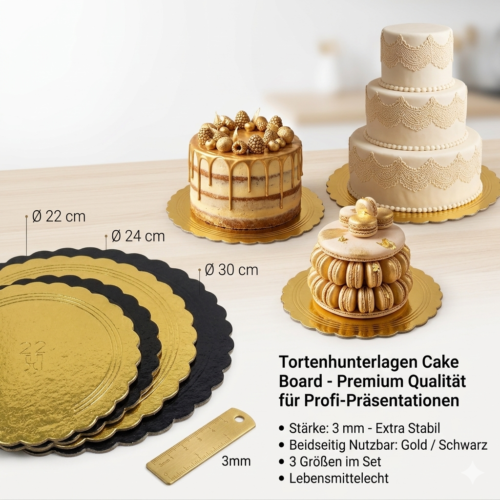 5-tlg. Tortenunterlagen Cake Board Ø 22-30cm Tortenplatten 3mm dick - Gold-Schwarz