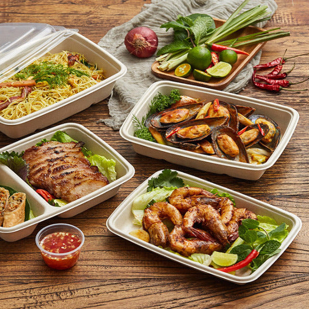 480 Stk Bio Schalen 850ml Bagasse 100% kompostierbar Rechteckig Box - weiß (12x40er)