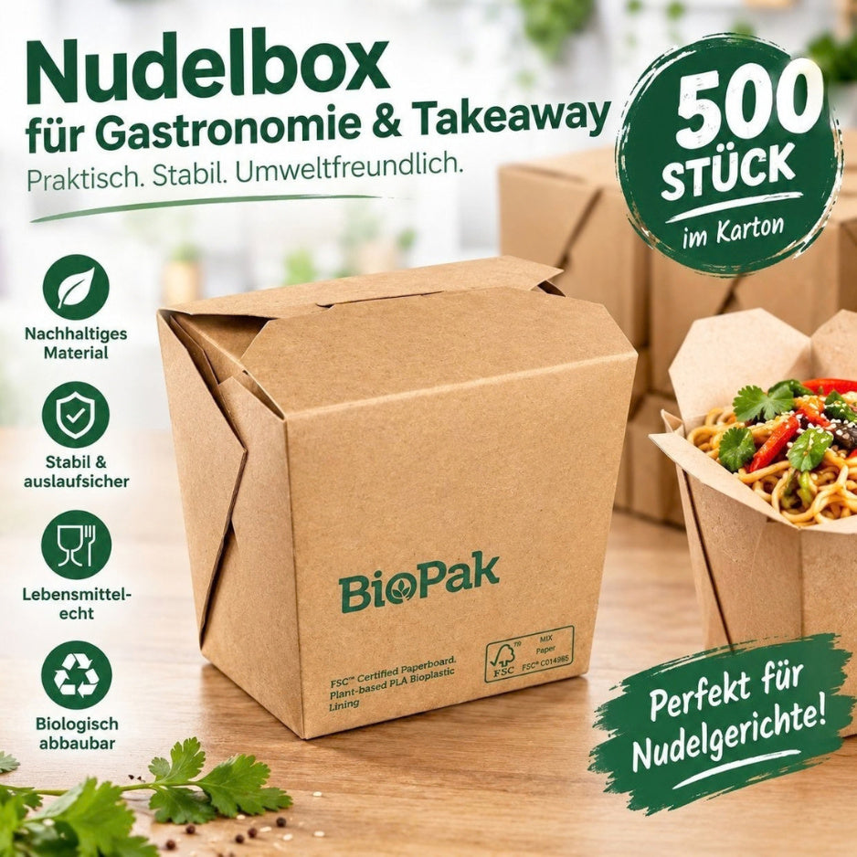 500 Stück Bio Nudelboxen Small 480ml Snackbox Kraftpapier eckig (10x50er) - Braun