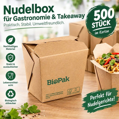 500 Stück Bio Nudelboxen Small 480ml Snackbox Kraftpapier eckig (10x50er) - Braun
