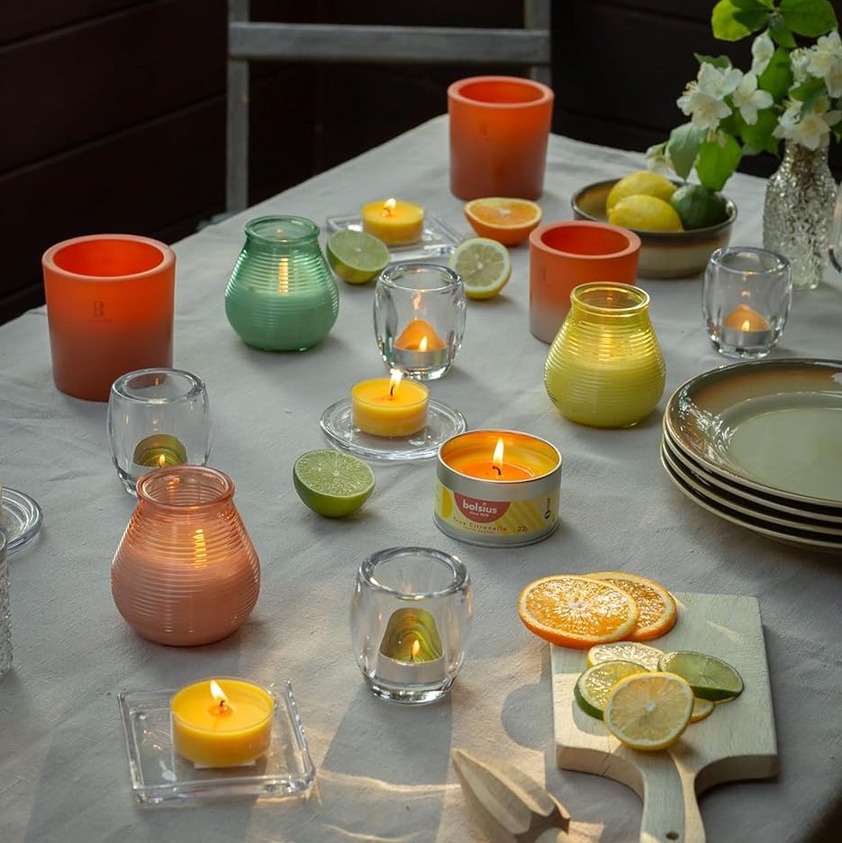 6er Set Bolsius Summer Nights Outdoor Kerzengläser 90x80mm Holzdocht Terrakotta-Creme
