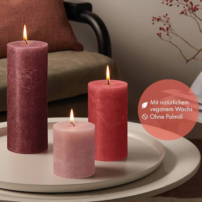 8er Set Bolsius Rustik Stumpenkerzen 100x50mm Blockkerzen klein - Samtrot