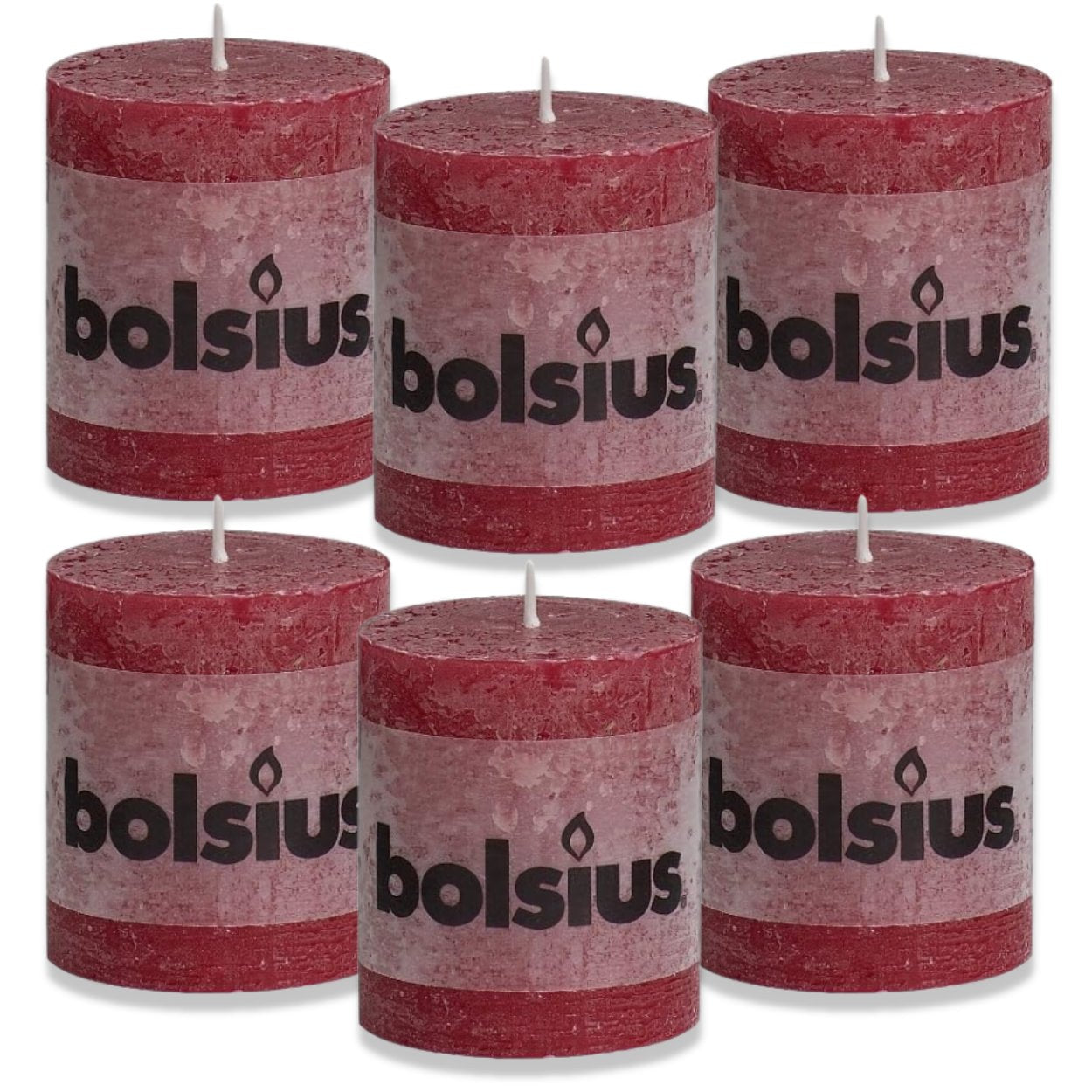 6 Bolsius Rustik Stumpenkerzen 80x68mm - weinrot