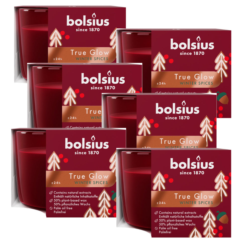 6er Set Bolsius True Glow Duftgläser 90x63mm Duftkerzen Kerzenglas - Winter Spices rot