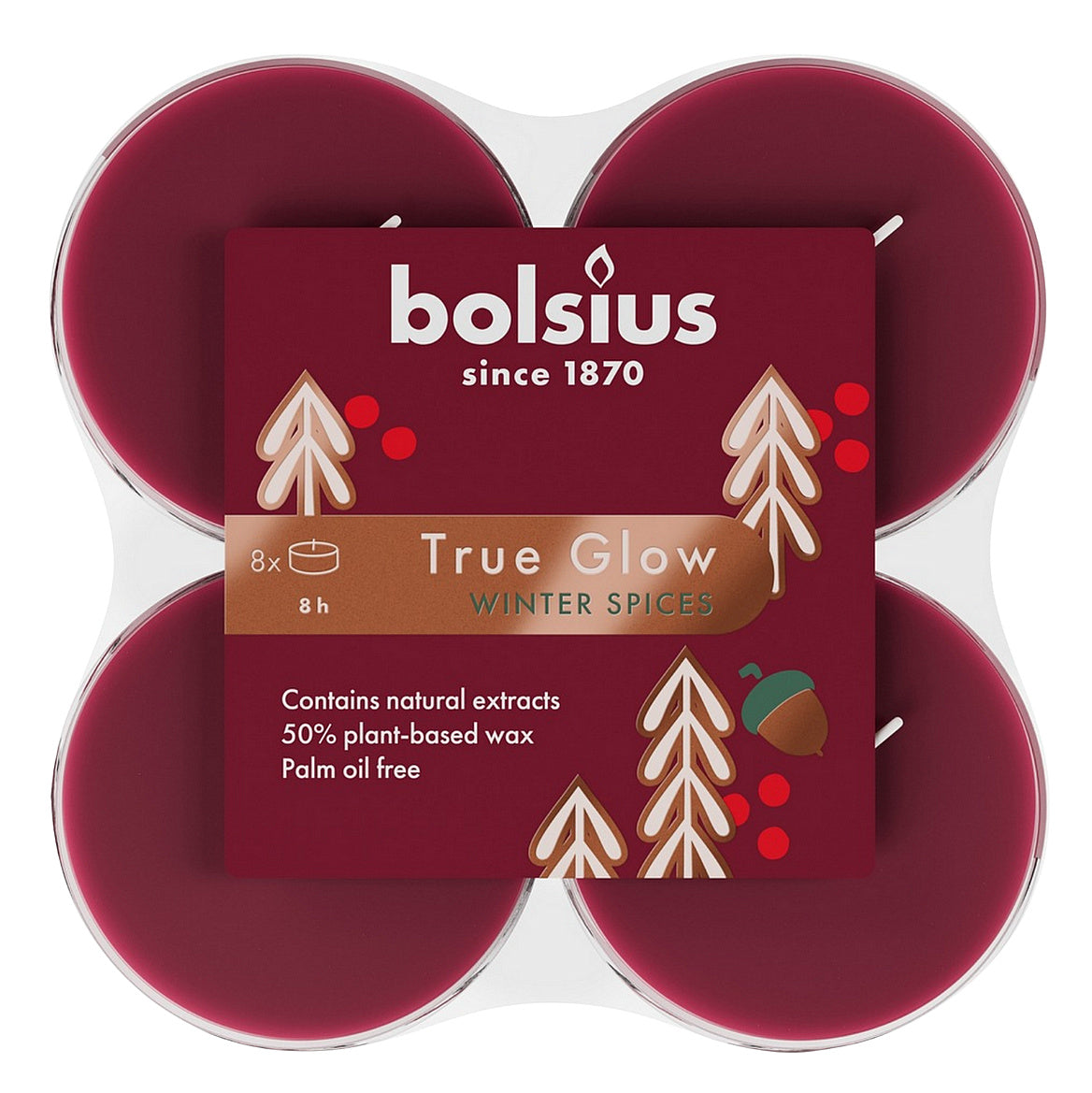 48 Stück Bolsius Duft True Glow Maxi Teelichter 8 h Acryl Cup Winter Spieces rot (6x8er)