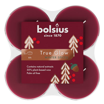 48 Stk Bolsius Duft True Glow Maxi Teelichter 8 h Acryl Cup Winter Spieces rot (6x8er)
