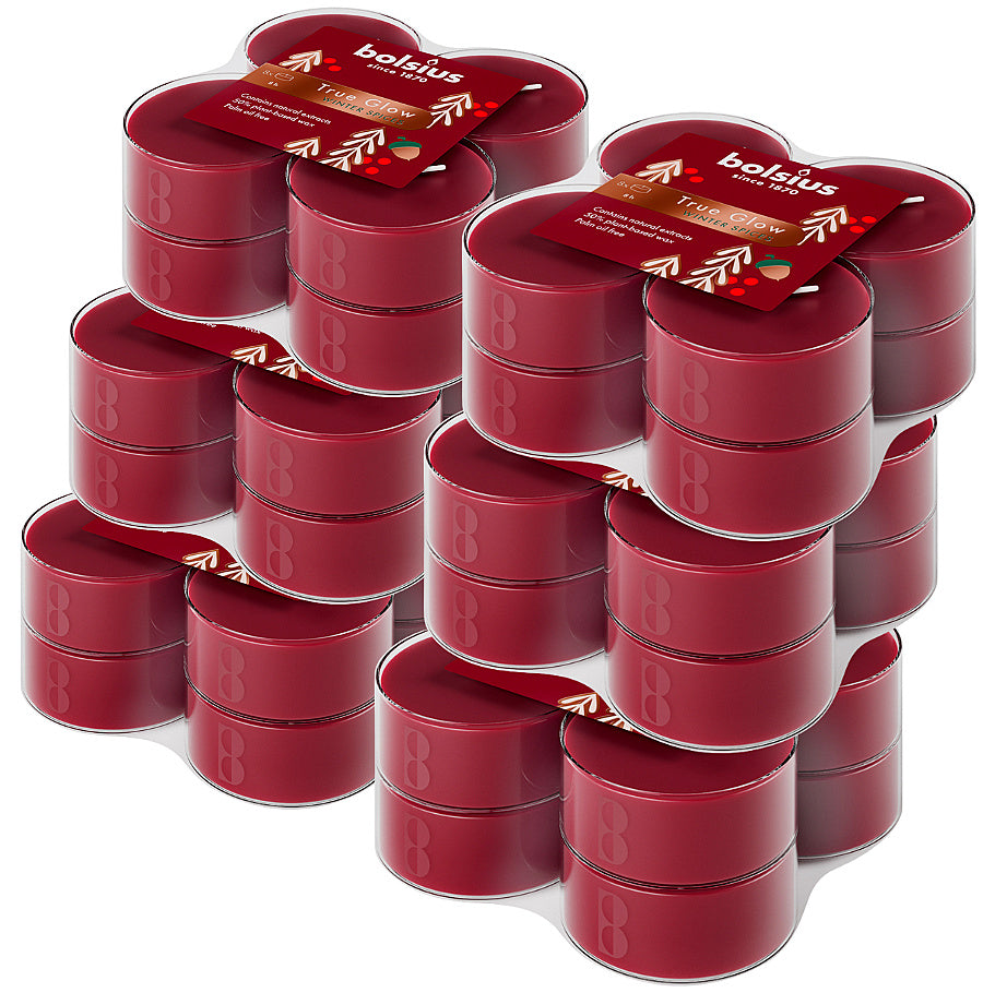48 Stück Bolsius Duft True Glow Maxi Teelichter 8 h Acryl Cup Winter Spieces rot (6x8er)