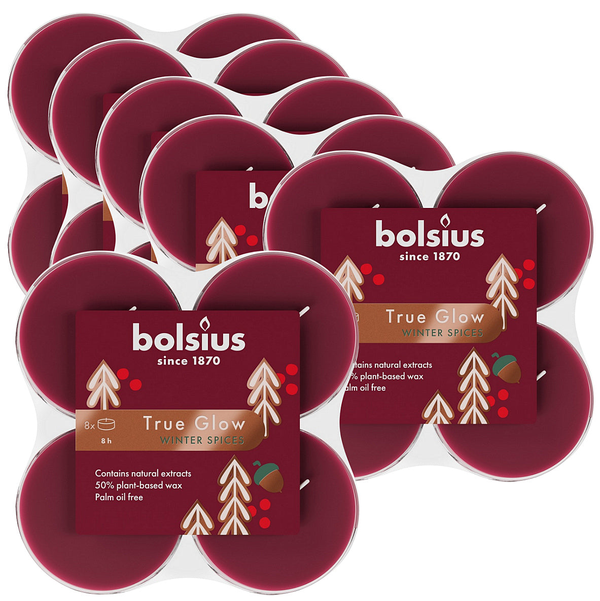 48 Stk Bolsius Duft True Glow Maxi Teelichter 8 h Acryl Cup Winter Spieces rot (6x8er)