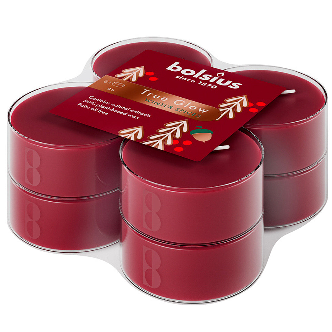 48 Stück Bolsius Duft True Glow Maxi Teelichter 8 h Acryl Cup Winter Spieces rot (6x8er)