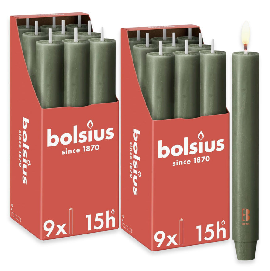 18 Stück Bolsius Rustik XL Stabkerzen 230x30mm 15h Tafelkerzen durchgefärbt mit Zapfenfuß (2x9er)