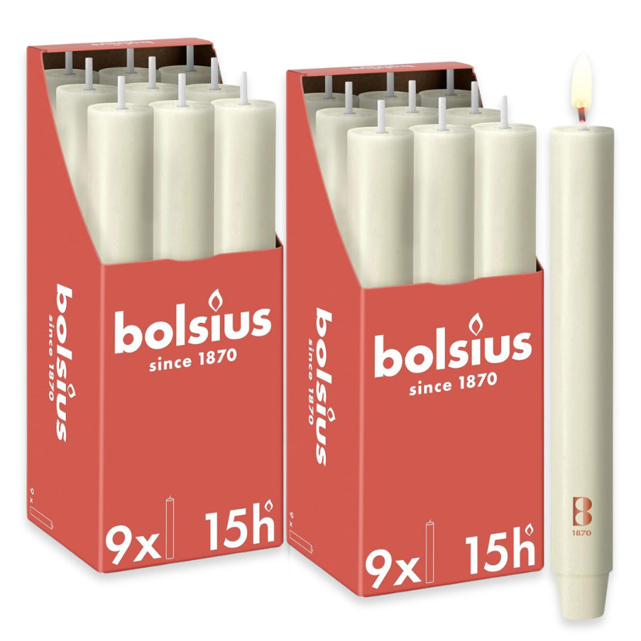 18 Stück Bolsius Rustik XL Stabkerzen 230x30mm 15h Tafelkerzen durchgefärbt mit Zapfenfuß (2x9er)