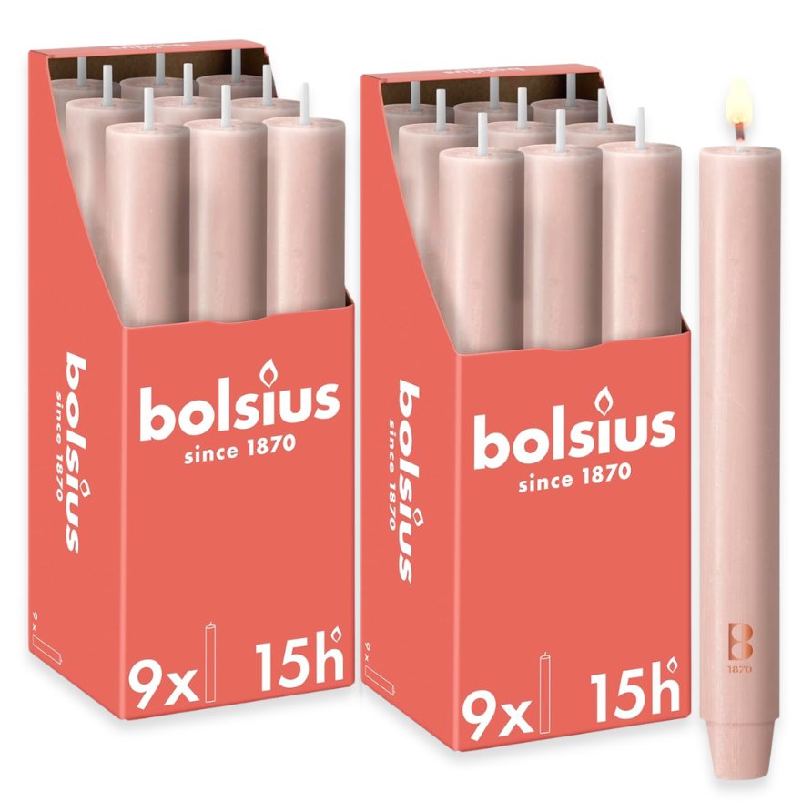 18 Stück Bolsius Rustik XL Stabkerzen 230x30mm 15h Tafelkerzen durchgefärbt mit Zapfenfuß (2x9er)