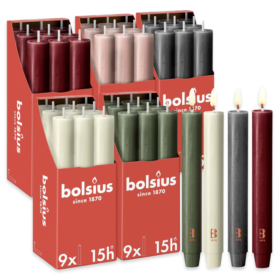 18 Stück Bolsius Rustik XL Stabkerzen 230x30mm 15h Tafelkerzen durchgefärbt mit Zapfenfuß (2x9er)